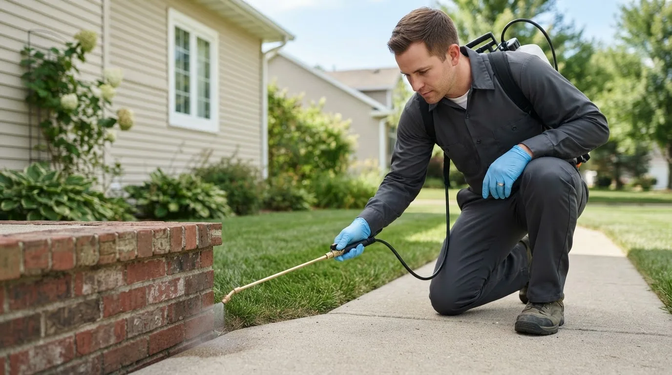 Pest control technician treating a home near Corrigan, TX
