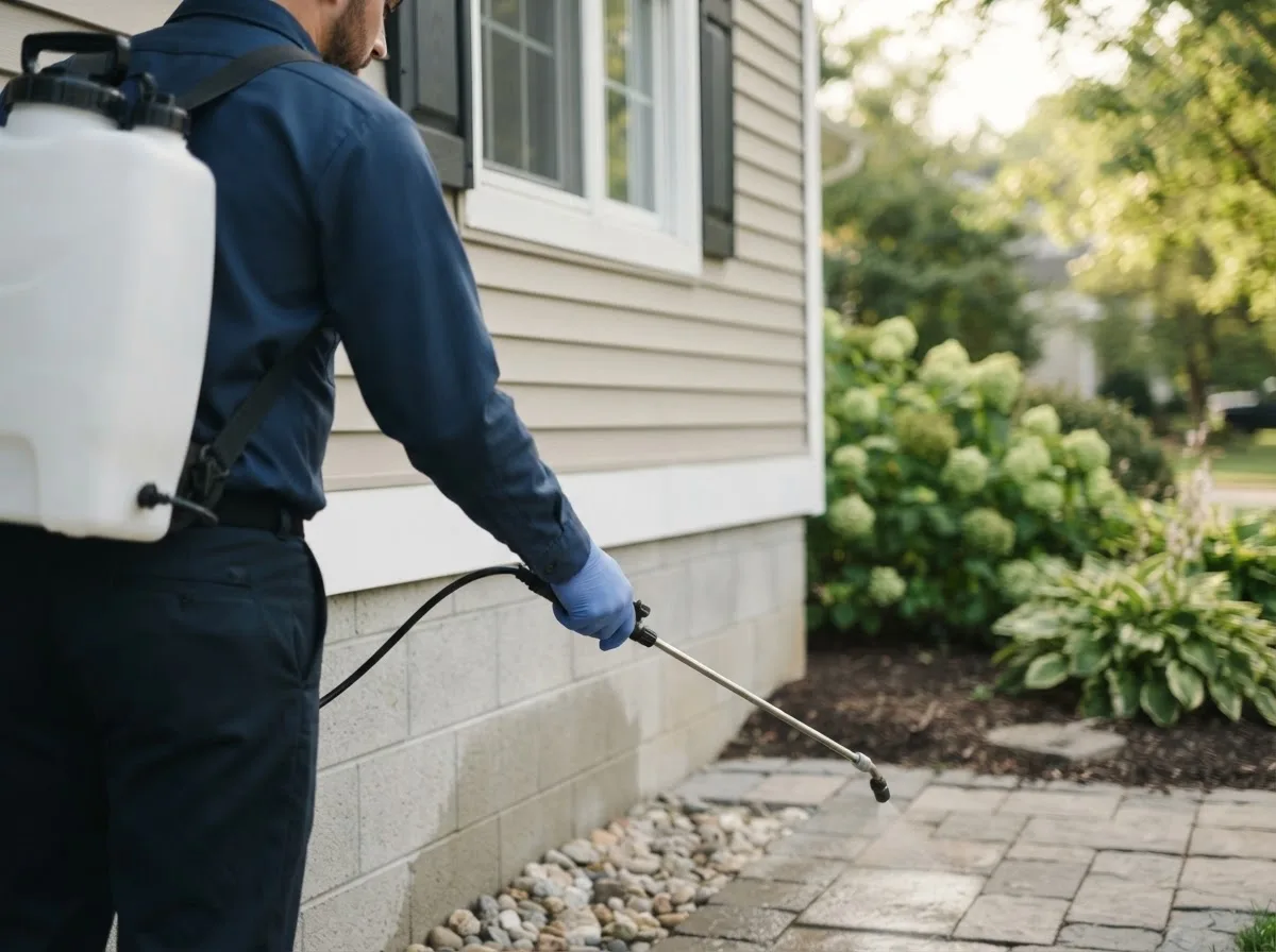 Pest control technician inspecting a home in Corrigan, TX